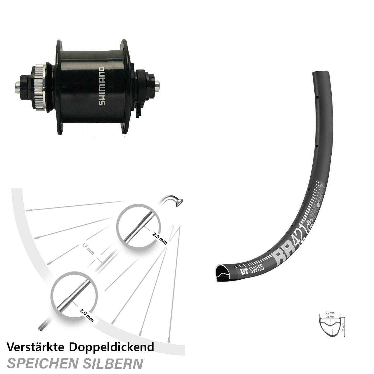 DT Swiss RR421 Shimano DH-UR700-3D 28 Zoll Disc Laufrad mit Nabendynamo für Schnellspanner
