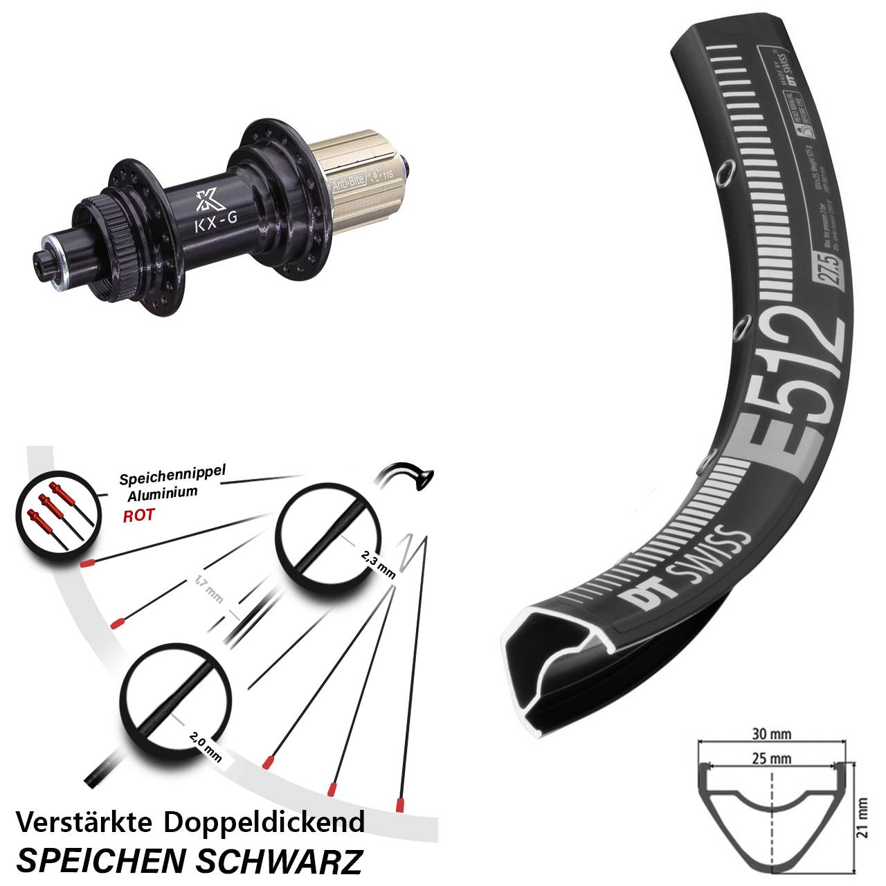 29 Zoll DT Swiss E 512 KX-G Centerlock Hinterrad QR 8-12 fach HG