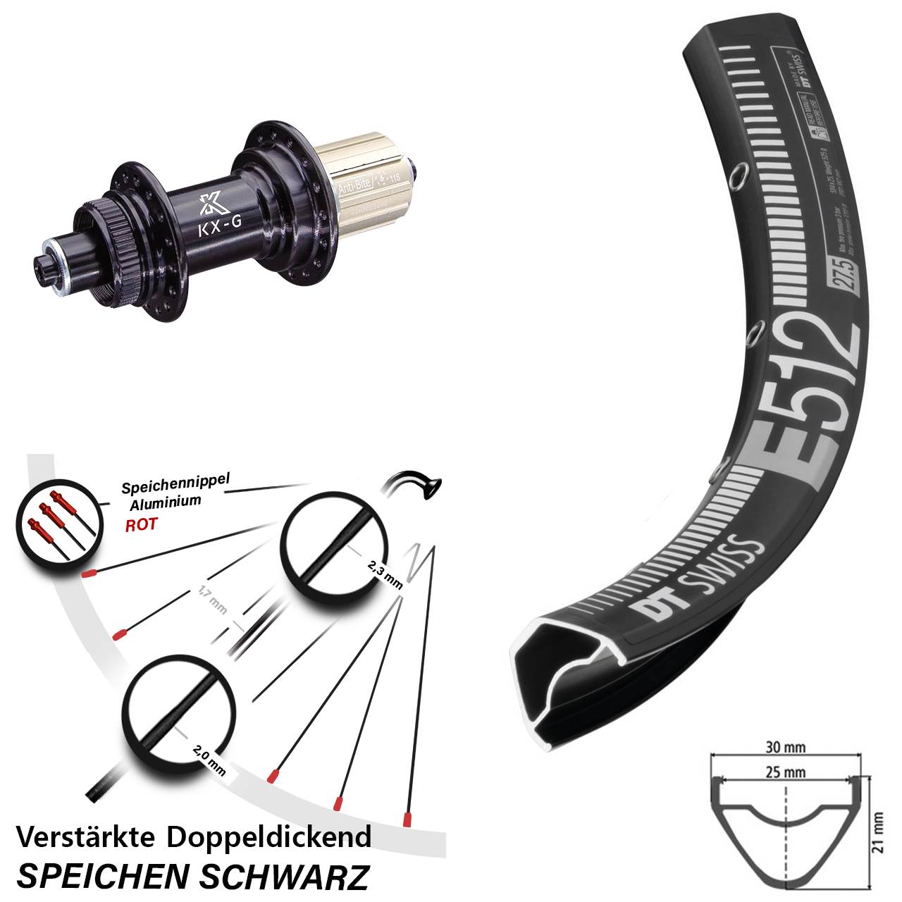 29 Zoll DT Swiss E 512 KX-G Centerlock Hinterrad QR 8-12 fach HG