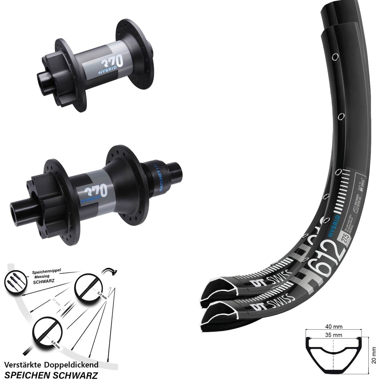27,5 Zoll DT Swiss H612 370 Hybrid Boost Laufradsatz 6-Loch XD