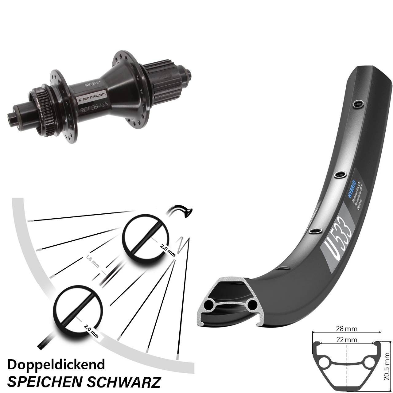 Disc Hinterrad für Schnellspanner 27,5 Zoll DT Swiss U533-370 Hybrid Micro Spline