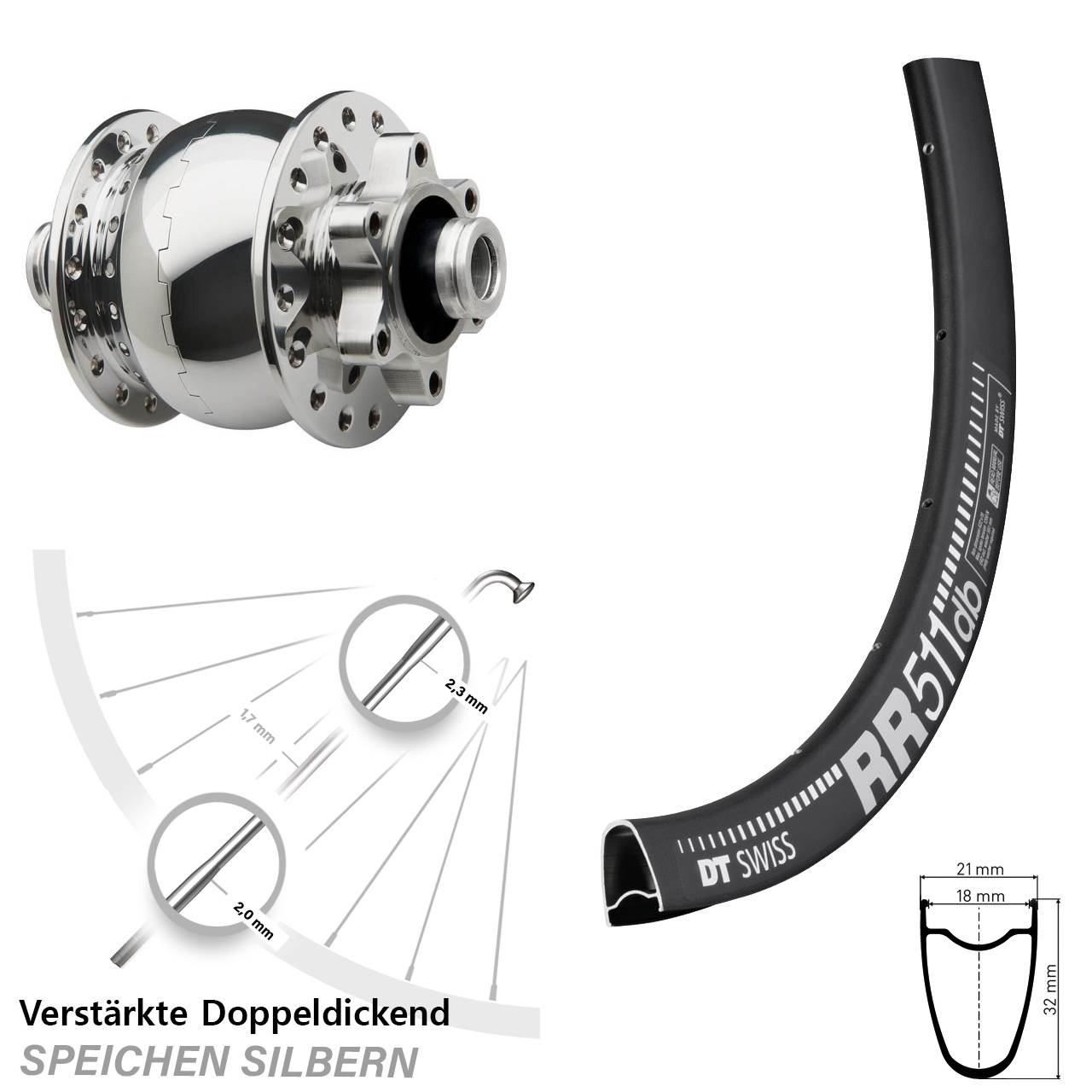 Nabendynamo DT Swiss RR 511 DB Vorderrad 28 Zoll SON 28-12 Steckachse silbern poliert