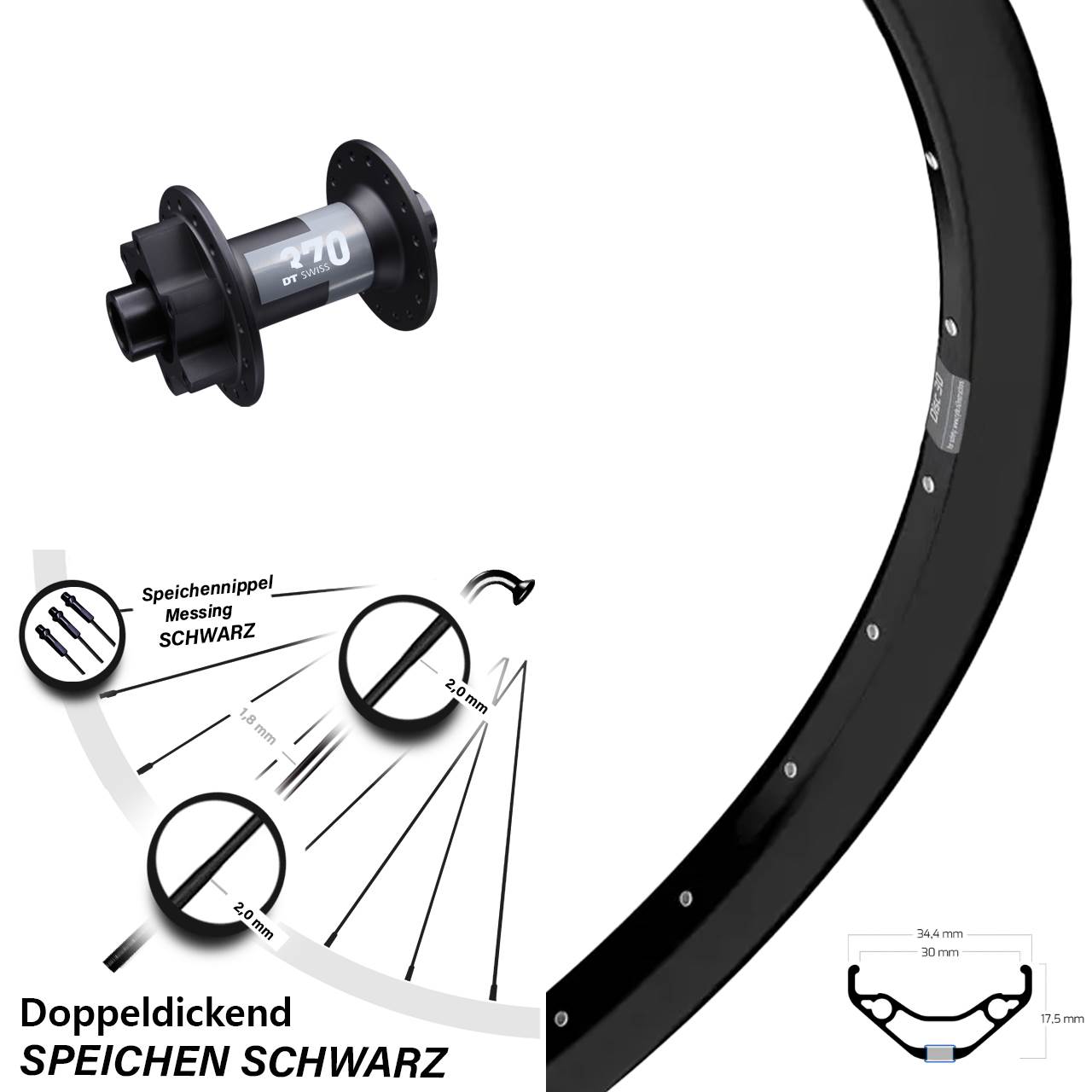 27,5 Zoll Ryde Disc 30 DT Swiss 370 Vorderrad 6-Loch 15x100