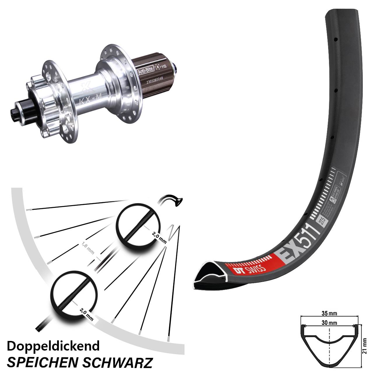 Laufrad 27,5 Zoll DT Swiss EX 511 Disc KX-M 6-Loch 5/135 8-12 fach HG