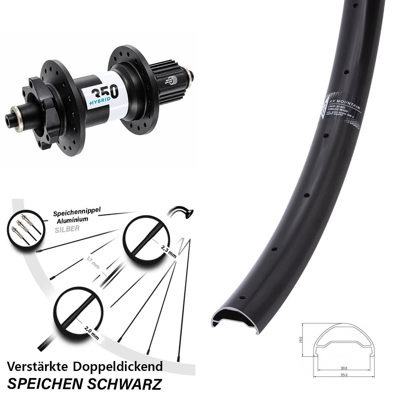 6-Loch Hinterrad QR 29 Zoll KX Mountain TR DT Swiss Hybrid 350 Shimano Micro Spline
