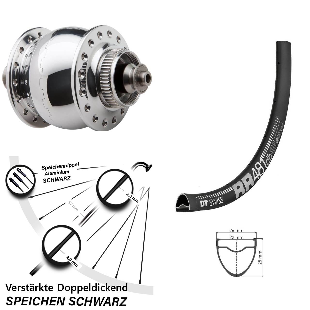 Nabendynamo-Vorderrad Centerlock DT Swiss RR 481 SON 28 Zoll poliert QR