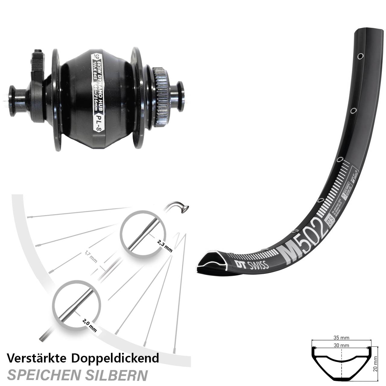 Disc Nabendynamo-Laufrad 29 Zoll DT Swiss M502 Shutter PL-8 QR