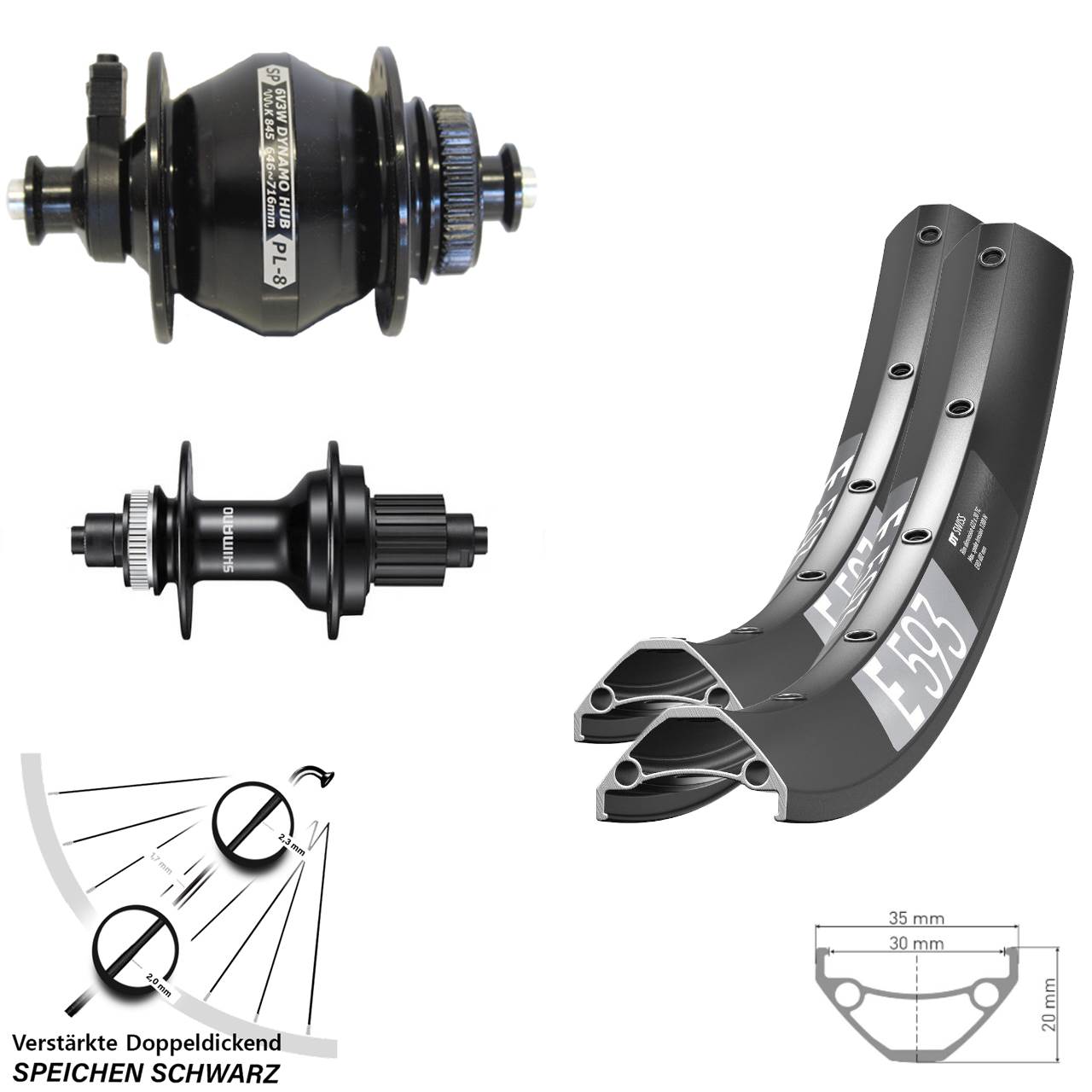 Disc Laufradsatz QR 29 Zoll DT Swiss E 593 Shimano FH-MT500 SP PL-8 Micro Spline