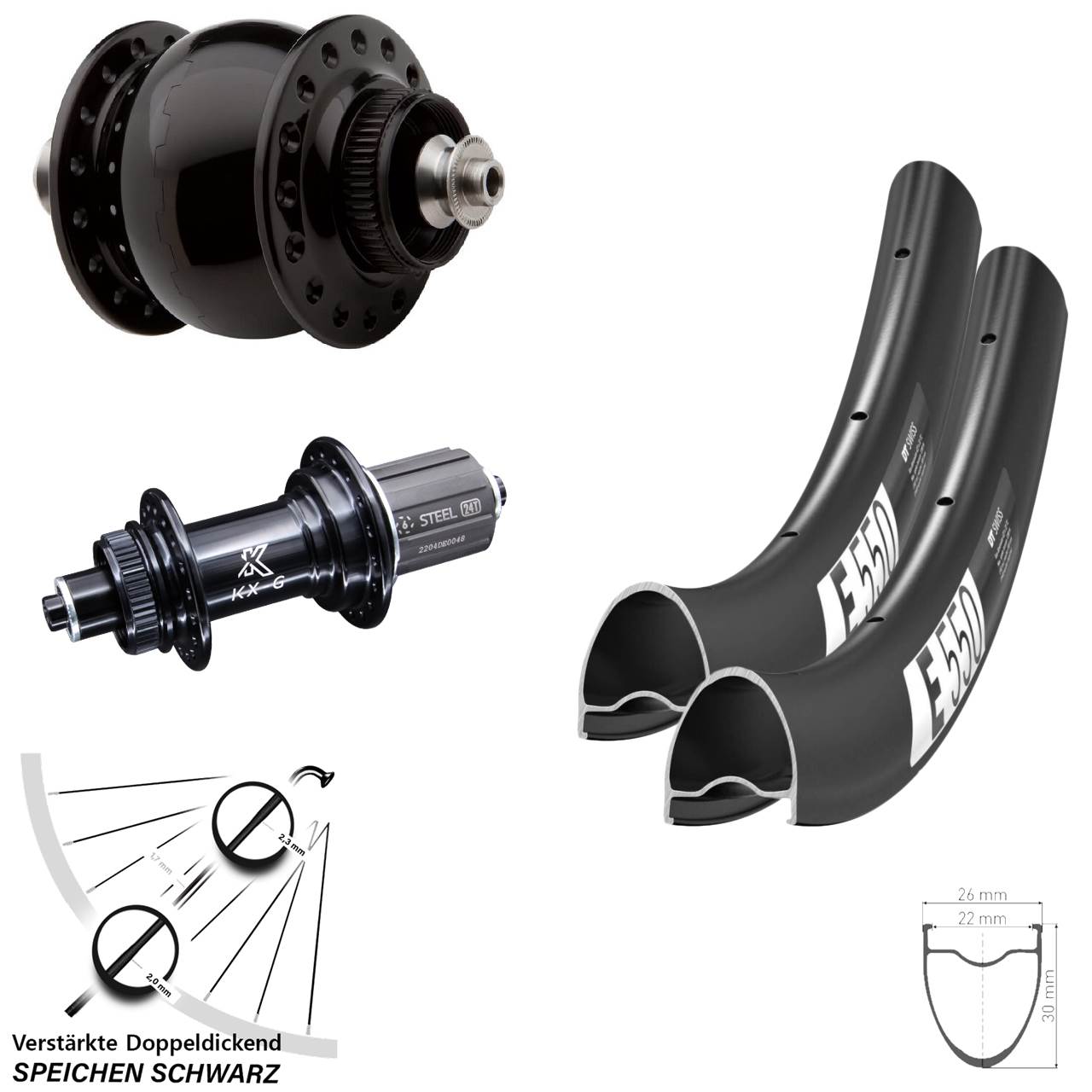 Laufradsatz SON 28 Zoll DT Swiss E550 KX-GS 8-12 fach HG für Schnellspanner