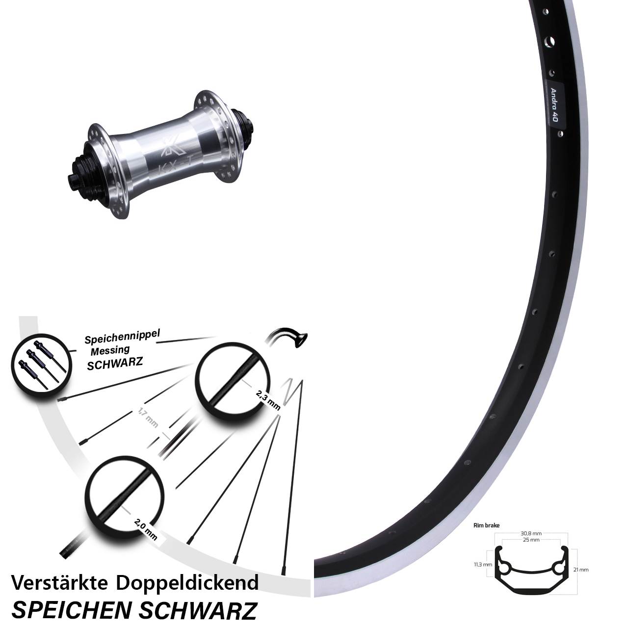 Vorderrad 27,5 Zoll Ryde Andra 40 KX-T 4 Kugellager für Schnellspanner