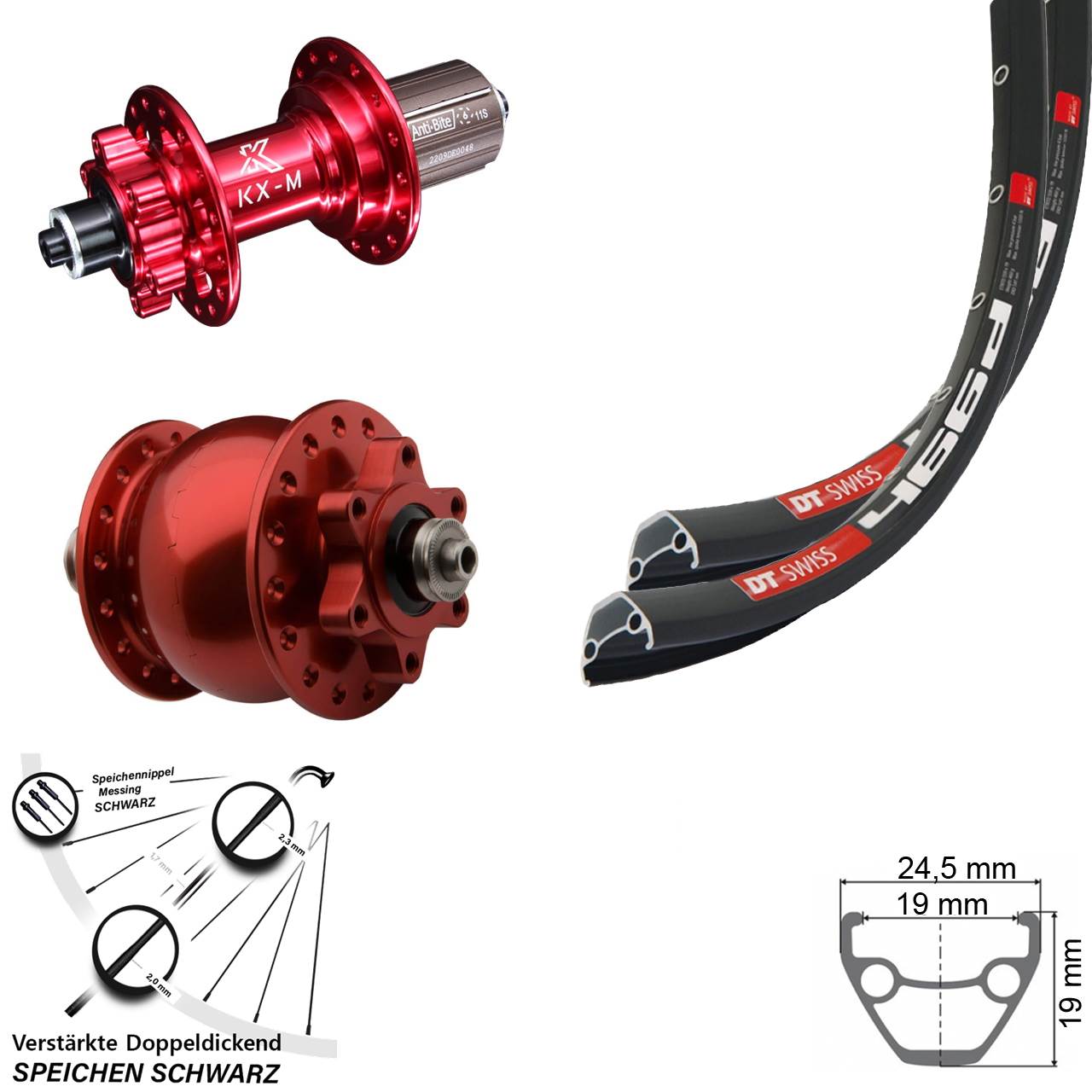 DT Swiss 466d KX-M SON 28 Zoll Disc Laufrad-Satz rot QR 8-12 fach HG