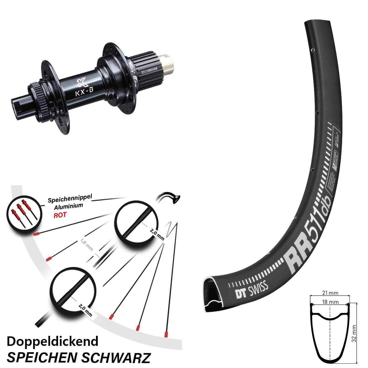 Laufrad 28 Zoll DT Swiss RR511 Disc KX-B Centerlock 12/148 Boost Micro Spline schwarz