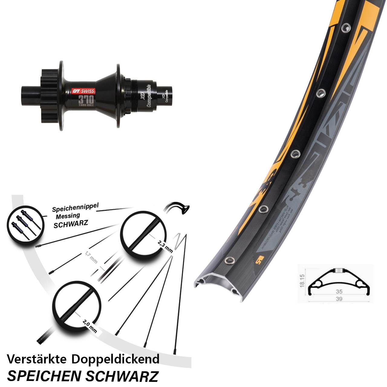Hinterrad 6-Loch 12x142 27,5 Zoll Rodi TRYP 35 DT Swiss 370 XD