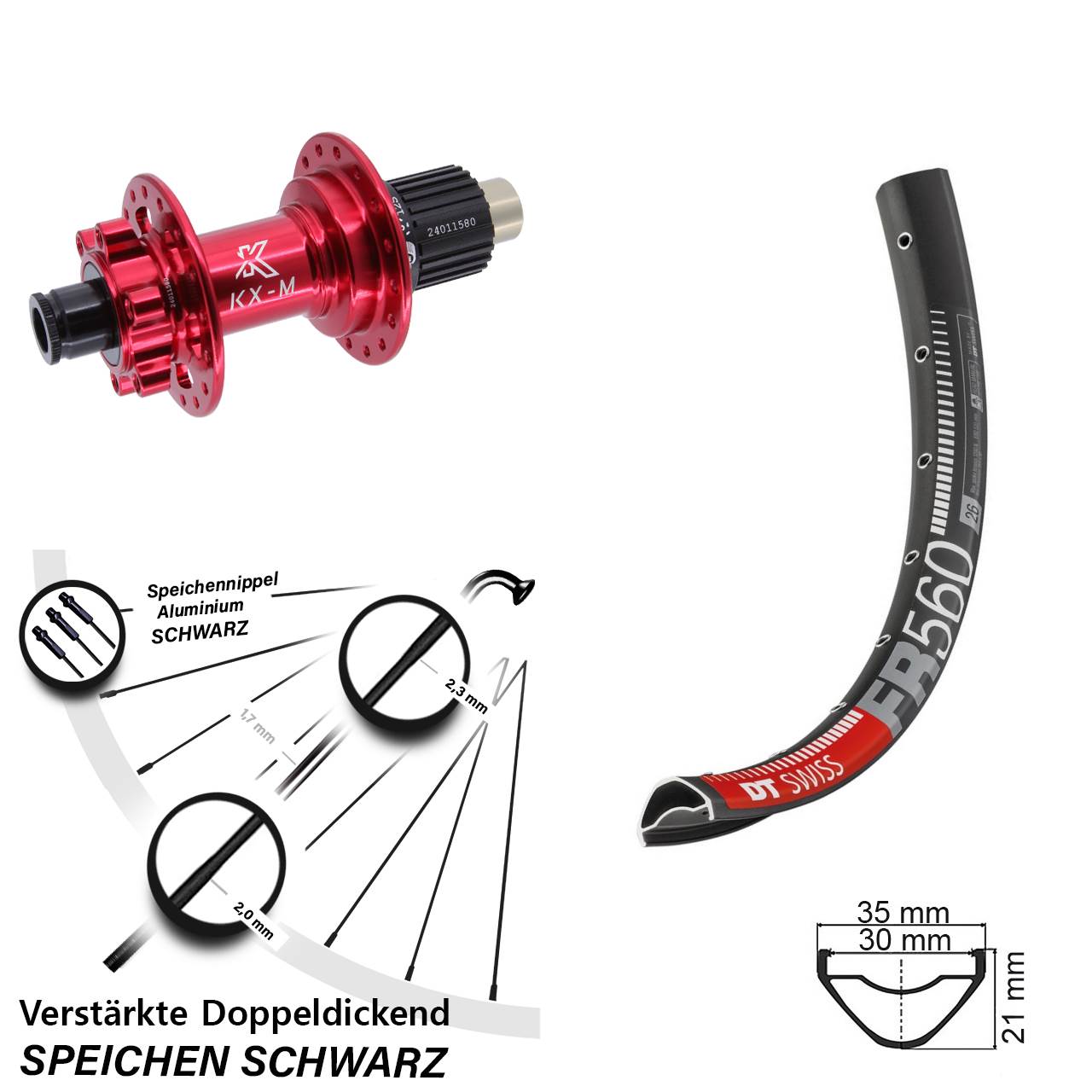 Hinterrad 6-Loch 26 Zoll DT Swiss FR 560 KX-M rot Shimano Micro Spline 12x142