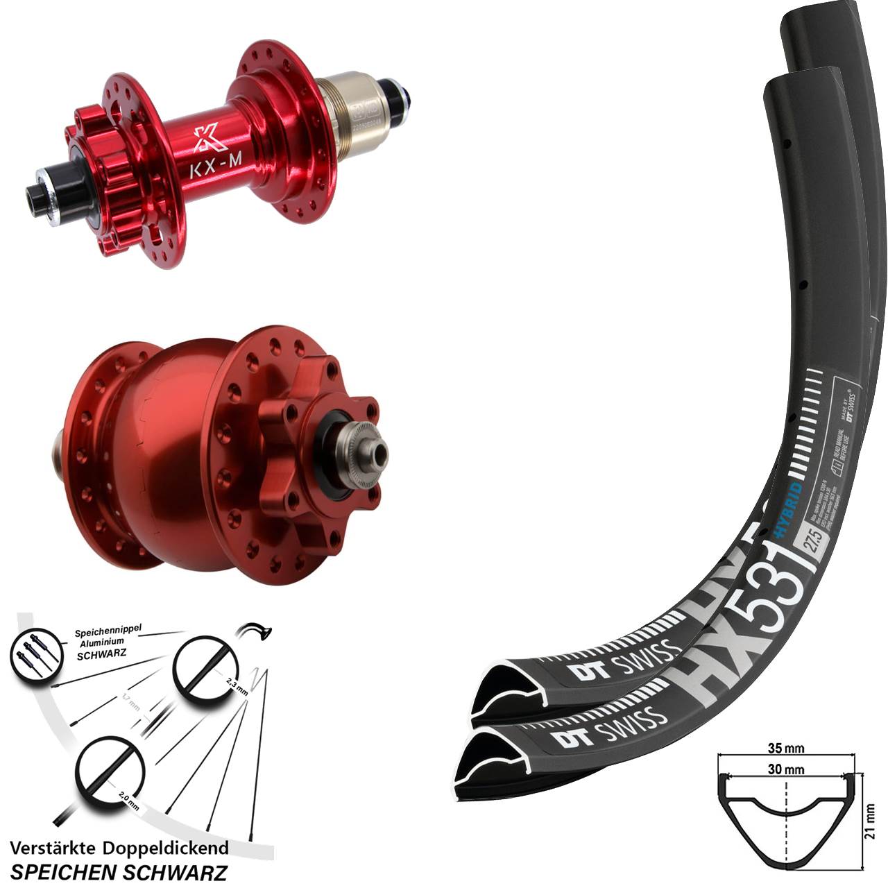 Disc Laufradsatz für Schnellspanner 29 Zoll DT Swiss HX531 KX-M rot SON 28 SRAM XD