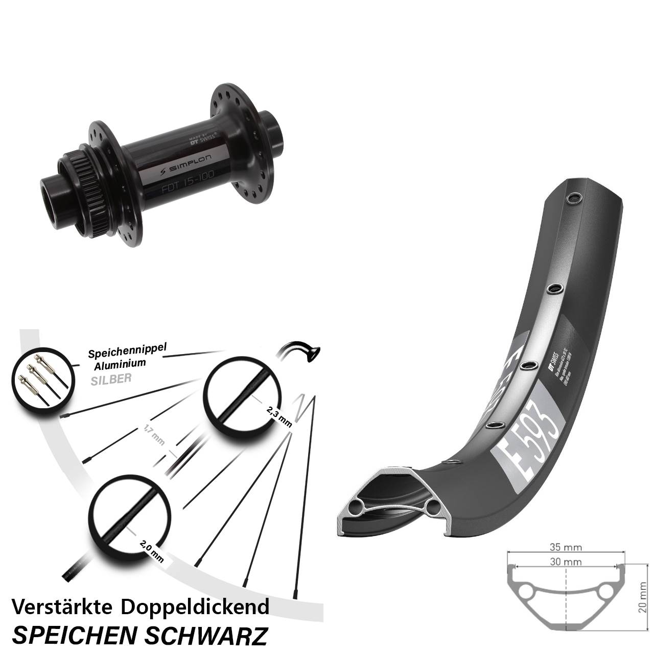 29 Zoll DT Swiss E 593-370 Disc Vorderrad 15x100