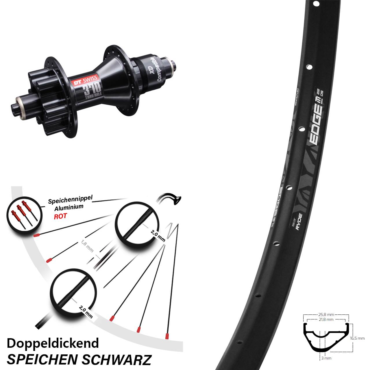 29 Zoll Ryde Edge M22 OS Hinterrad mit DT Swiss 370 Nabe Sram XD