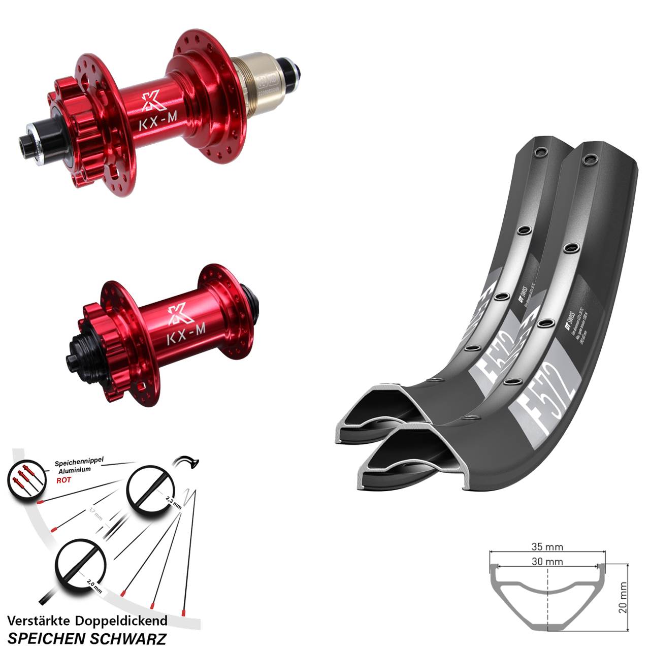27,5 Zoll DT Swiss F 572 KX-M rot 6-Loch Laufradsatz QR XD 11-12 fach
