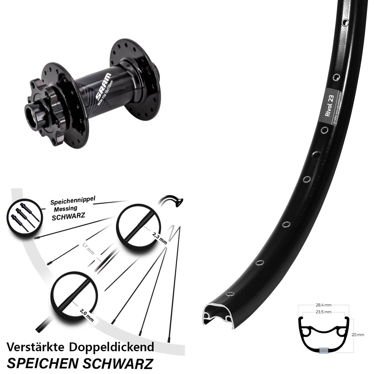 Boost Vorderrad 6-Loch 15x110 27,5 Zoll Ryde Rival 23 Sram 716