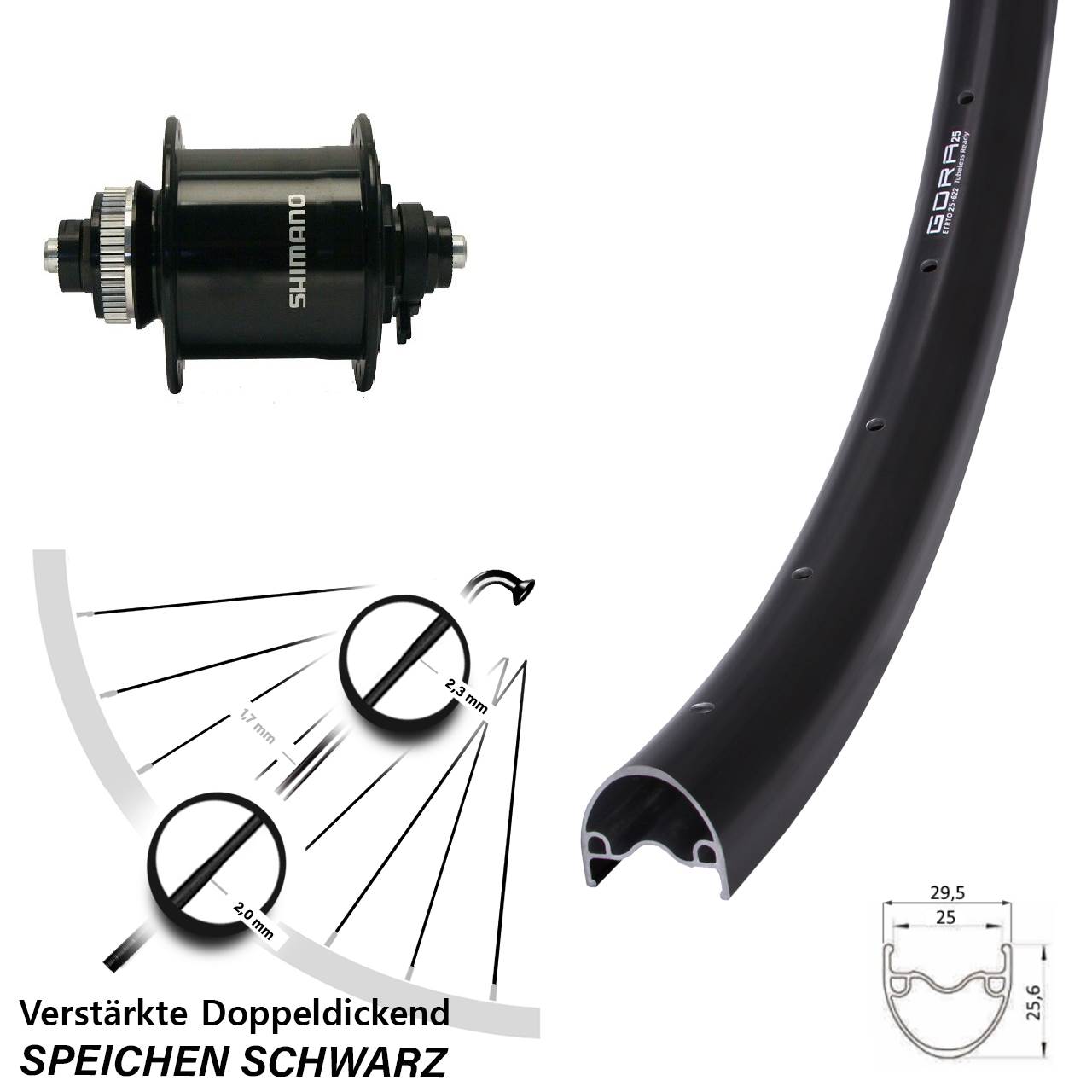 Gora 25 Shimano DH-UR700 29 Zoll Disc Vorderrad mit Nabendynamo QR