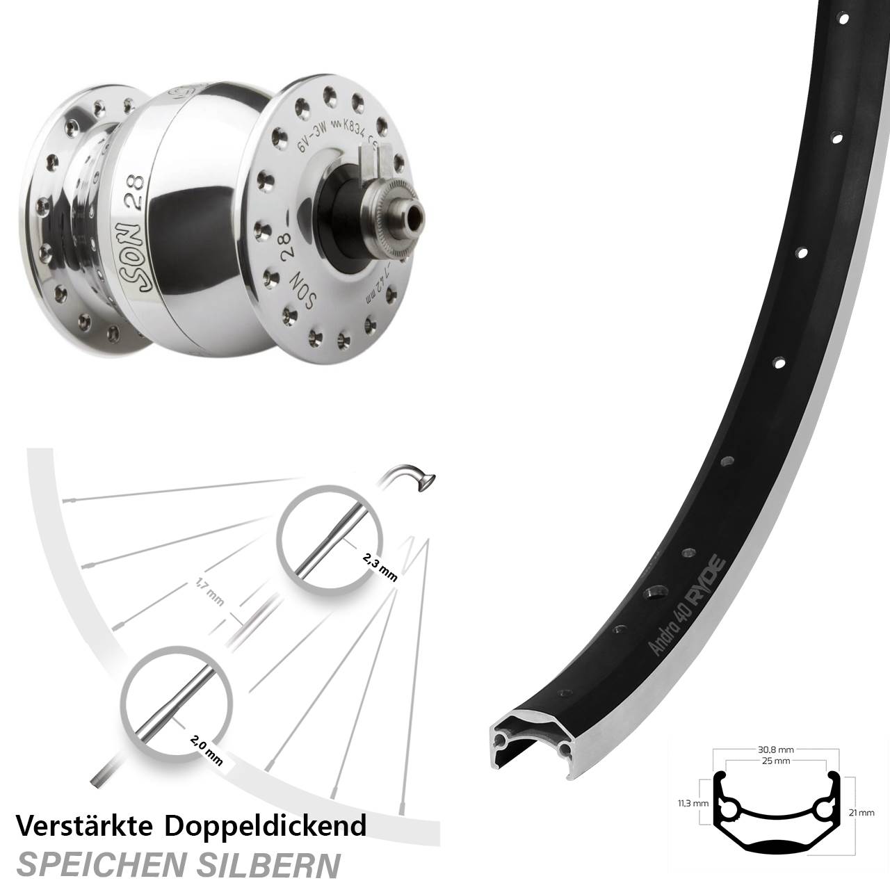 SON 28 Ryde Andra 40 20 Zoll Vorderrad mit Nabendynamo für Schnellspanner