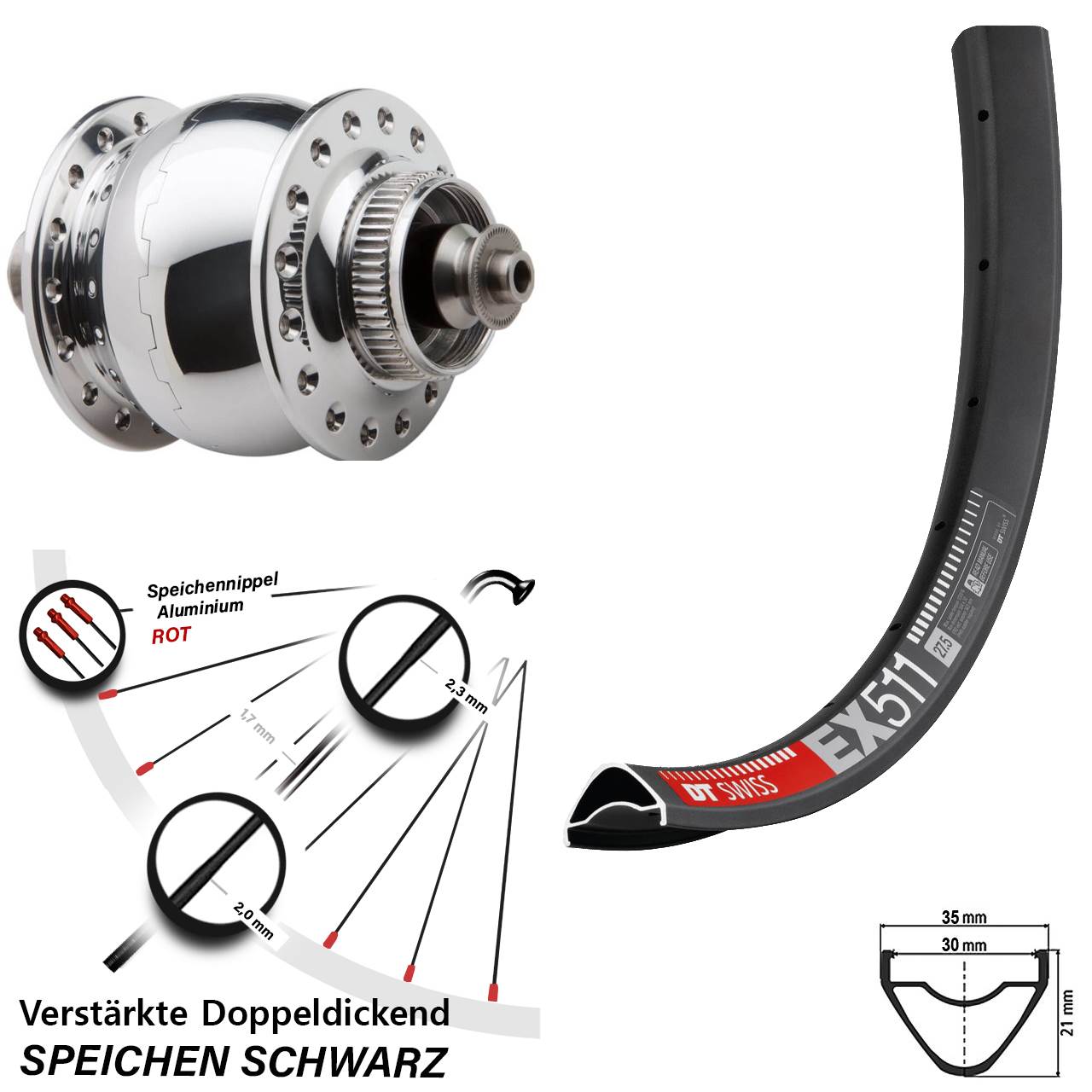 Nabendynamovorderrad Centerlock für Schnellspanner 29 Zoll DT Swiss EX511 SON 28