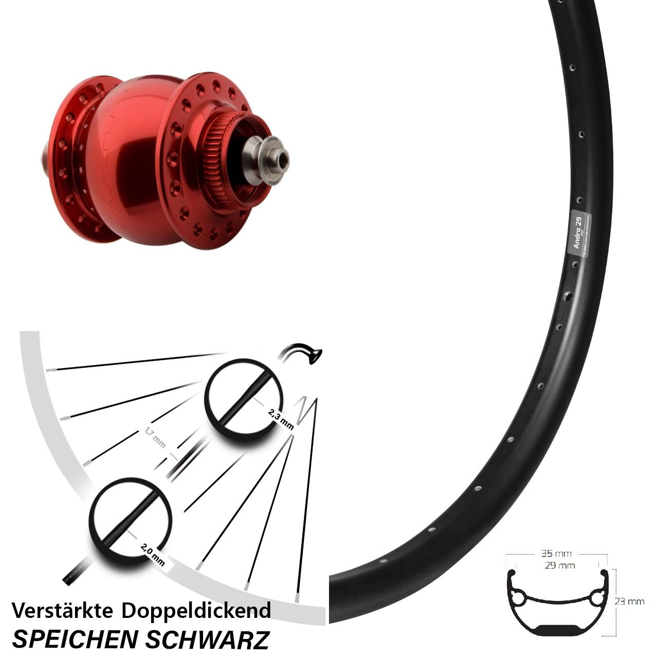 26 Zoll Ryde Andra 29 SON 28 rot Disc Nabendynamolaufrad für Schnellspanner