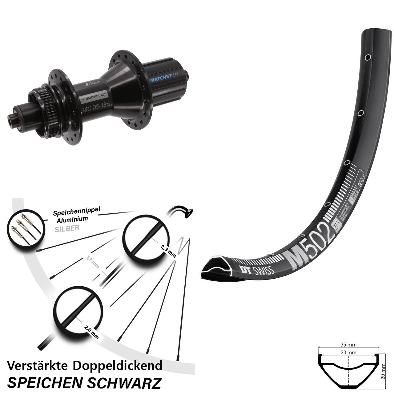 27,5 Zoll DT Swiss M 502-370 Hybrid Centerlock Hinterrad für Schnellspanner 8-11 fach HG
