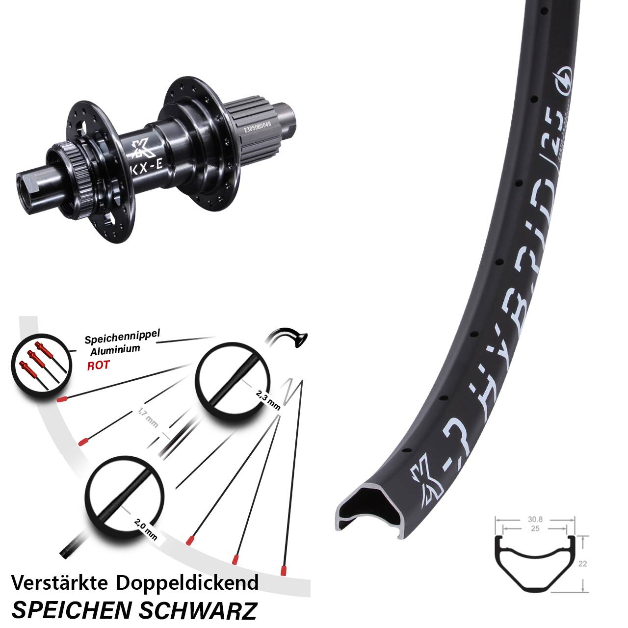 KX-R Hybrid 25 E-Bike Hinterrad 28-29 Zoll 12x142 mm Micro Spline Centerlock