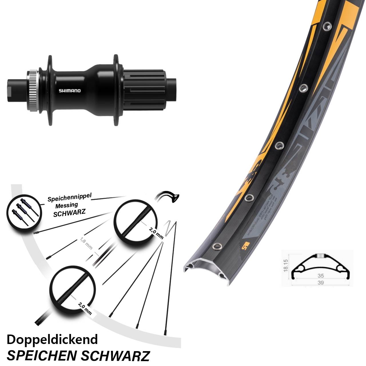 Rodi TRYP 35 Shimano FH-TC500 27,5 Zoll Disc Hinterrad 12x148 8-11 fach