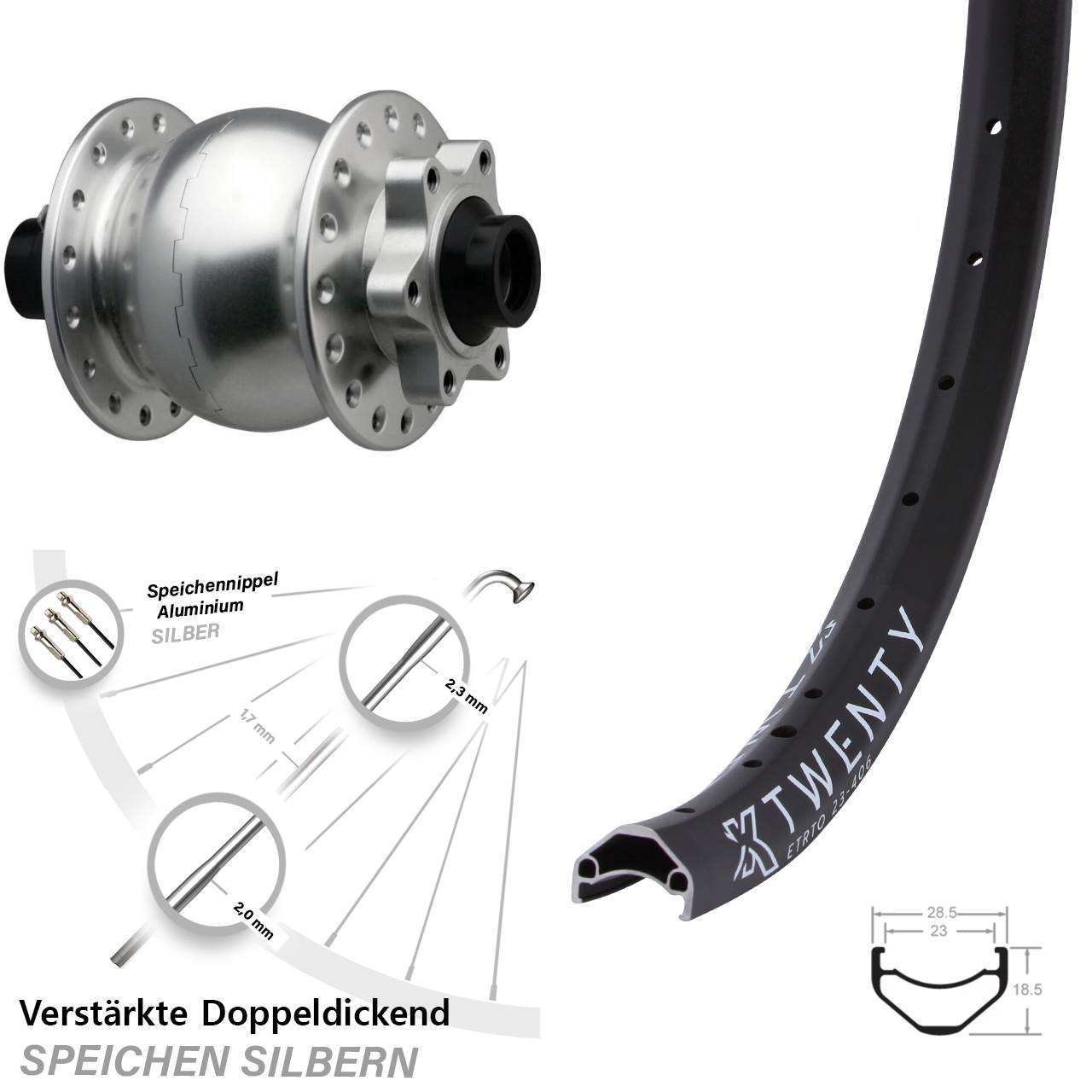 Disc Laufrad mit Nabendynamo 20 Zoll KX Twenty SON 28 silbern 15x110 Boost