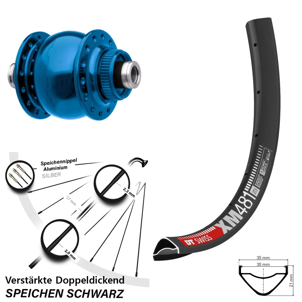 Centerlock Vorderrad mit Dynamo 27,5 Zoll DT Swiss XM 481 SON 28 blau 12x100