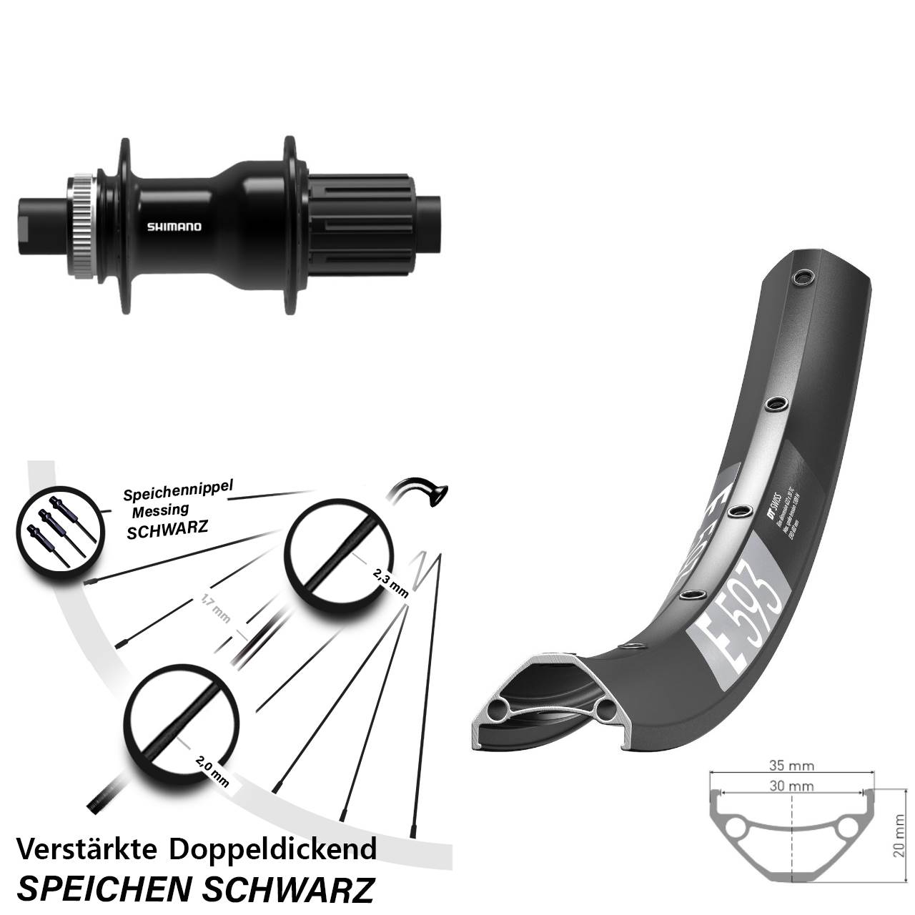 27,5 Zoll DT Swiss E593 Shimano FH-TC500-B Boost Disc Laufrad 12x148 8-11 fach HG