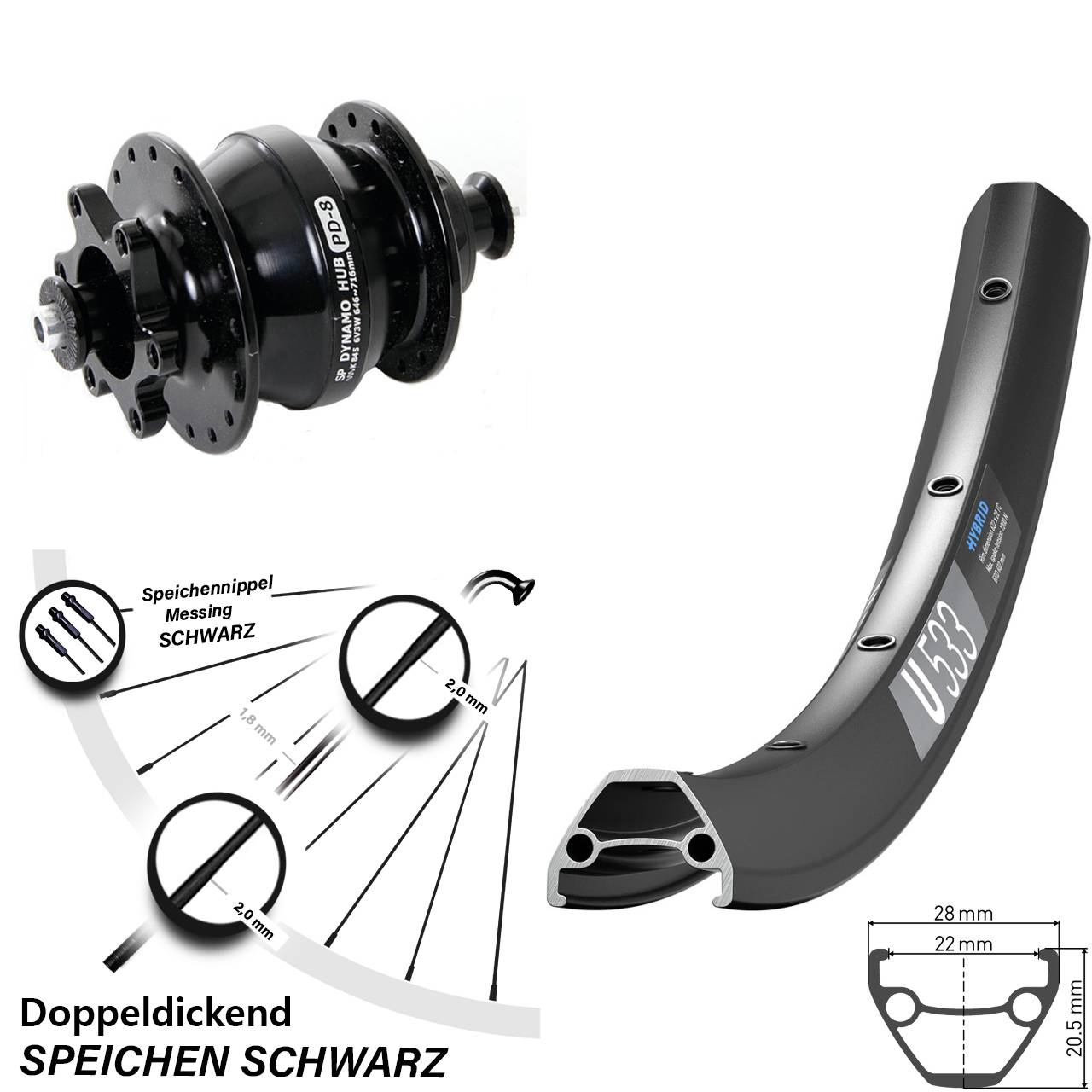 650B DT Swiss U533 Shutter Precision PD-8 Disc Vorderrad mit Nabendynamo QR