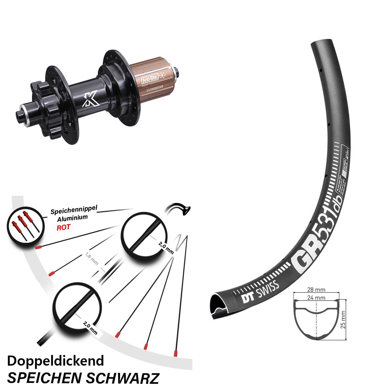 28 Zoll DT Swiss GR531 KX-M Disc Laufrad für Schnellspanner 8-12 fach HG