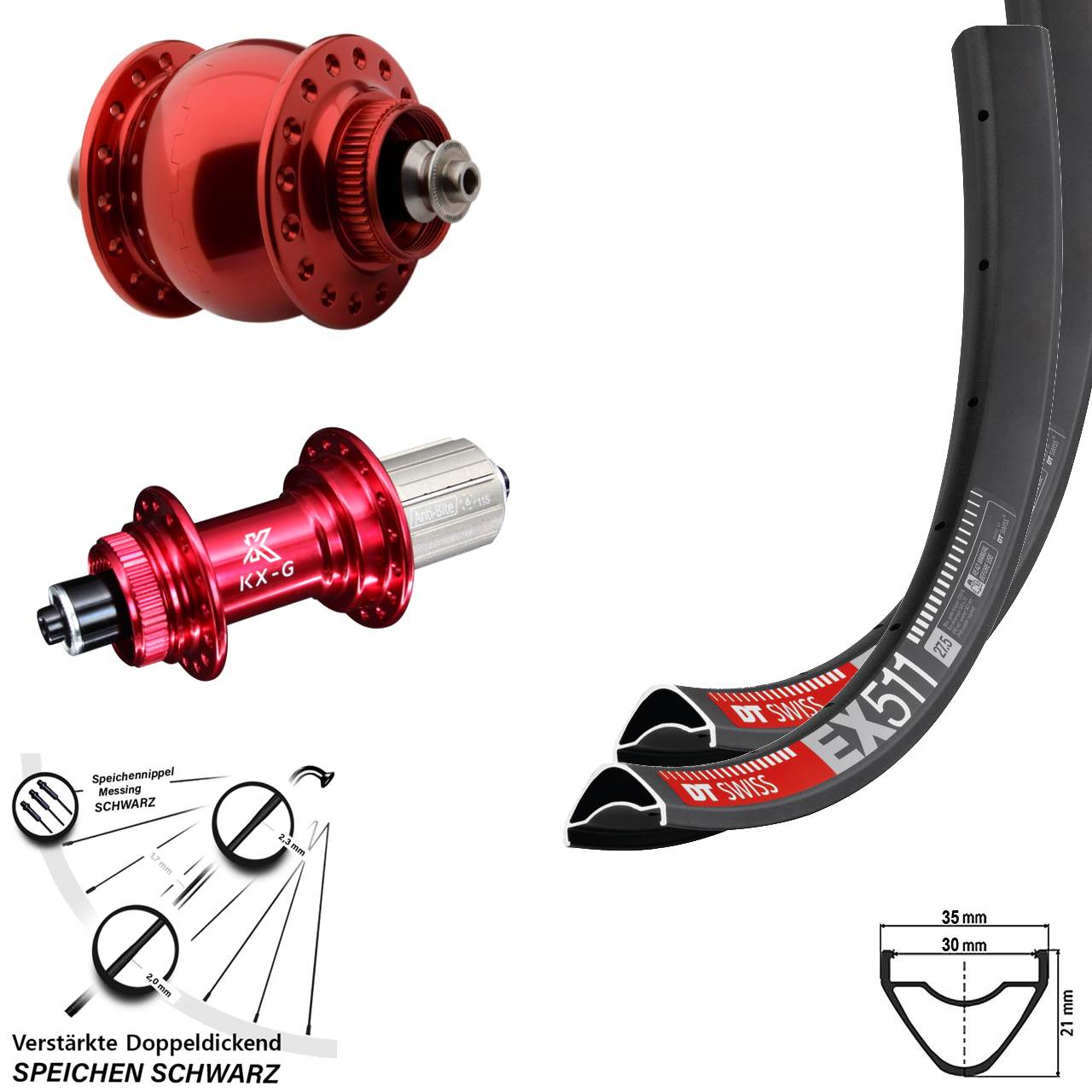 Disc Laufradsatz 27,5 Zoll DT Swiss EX511 KX-G rot SON 28 8-12 fach HG für Schnellspanner