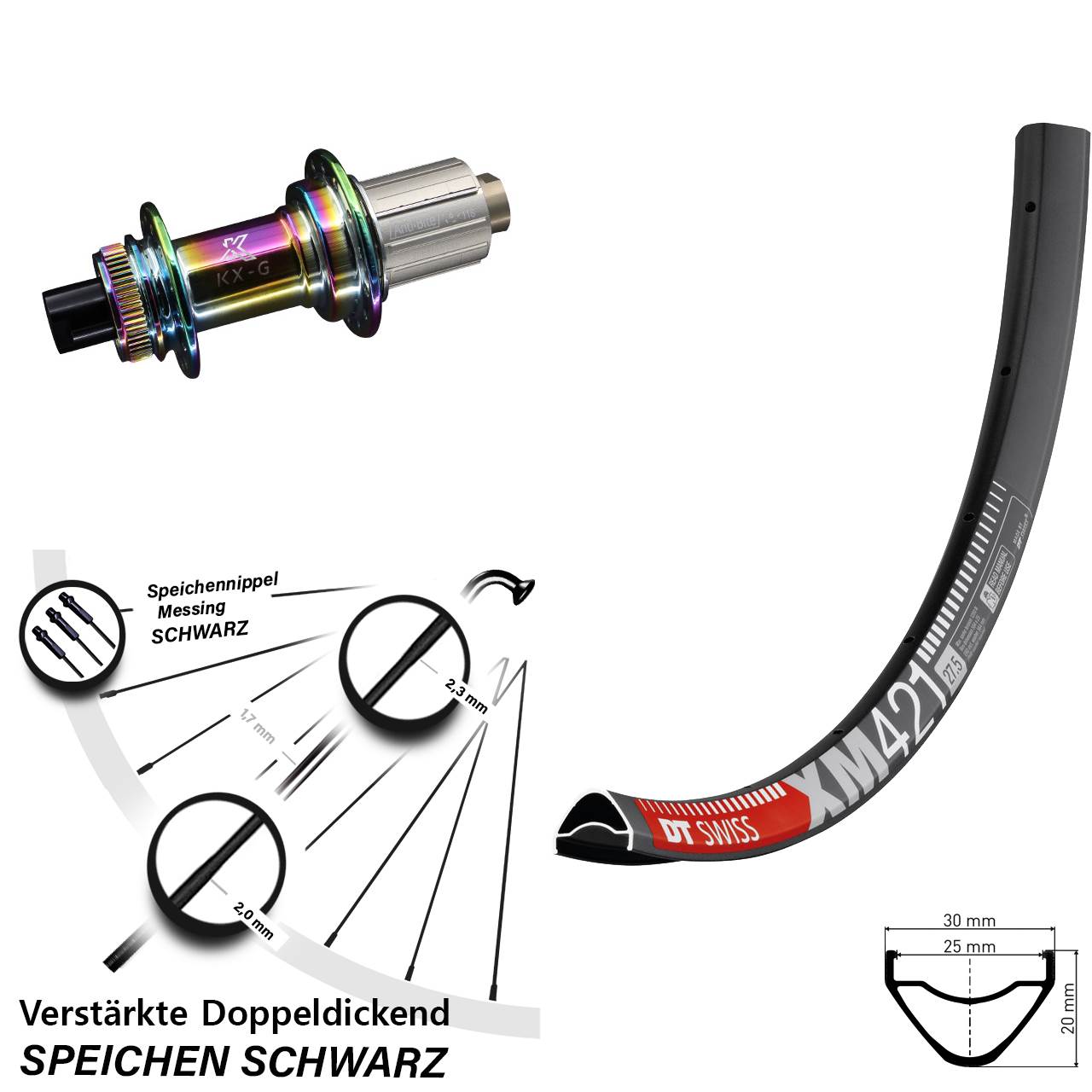 Disc Laufrad 12x142 27,5 Zoll DT Swiss XM421 KX-G Oilslick 8-12 fach HG