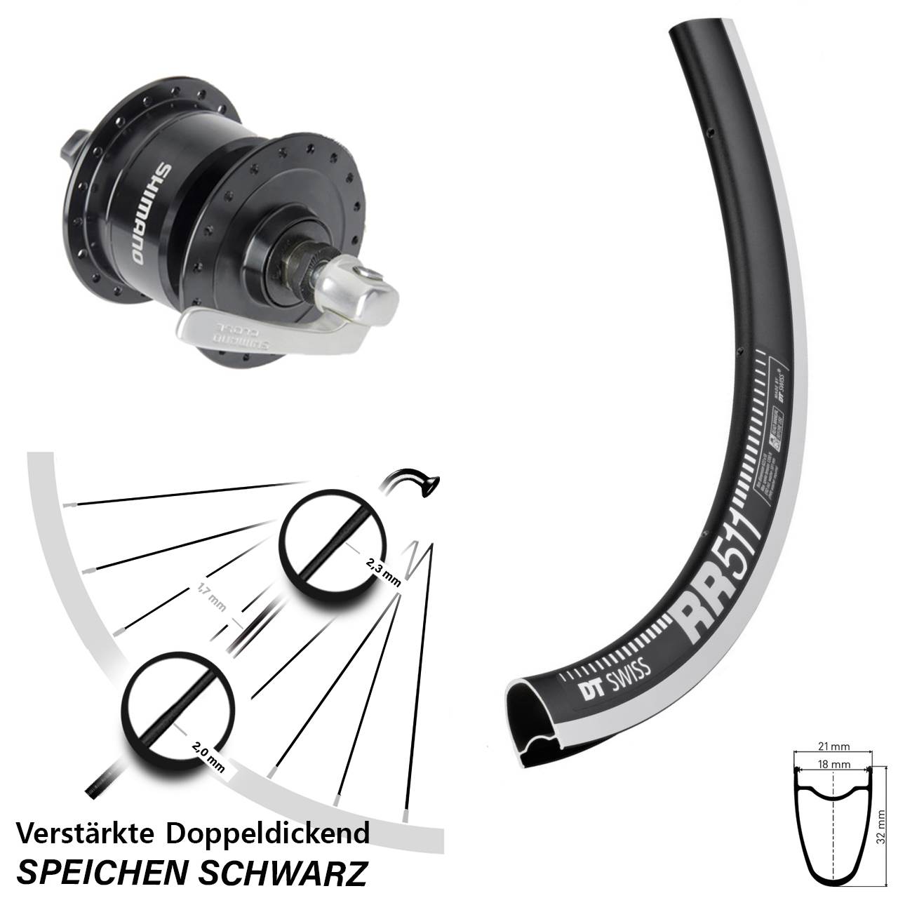 28 Zoll DT Swiss RR 511 Shimano DH3N72 Nabendynamovorderrad QR