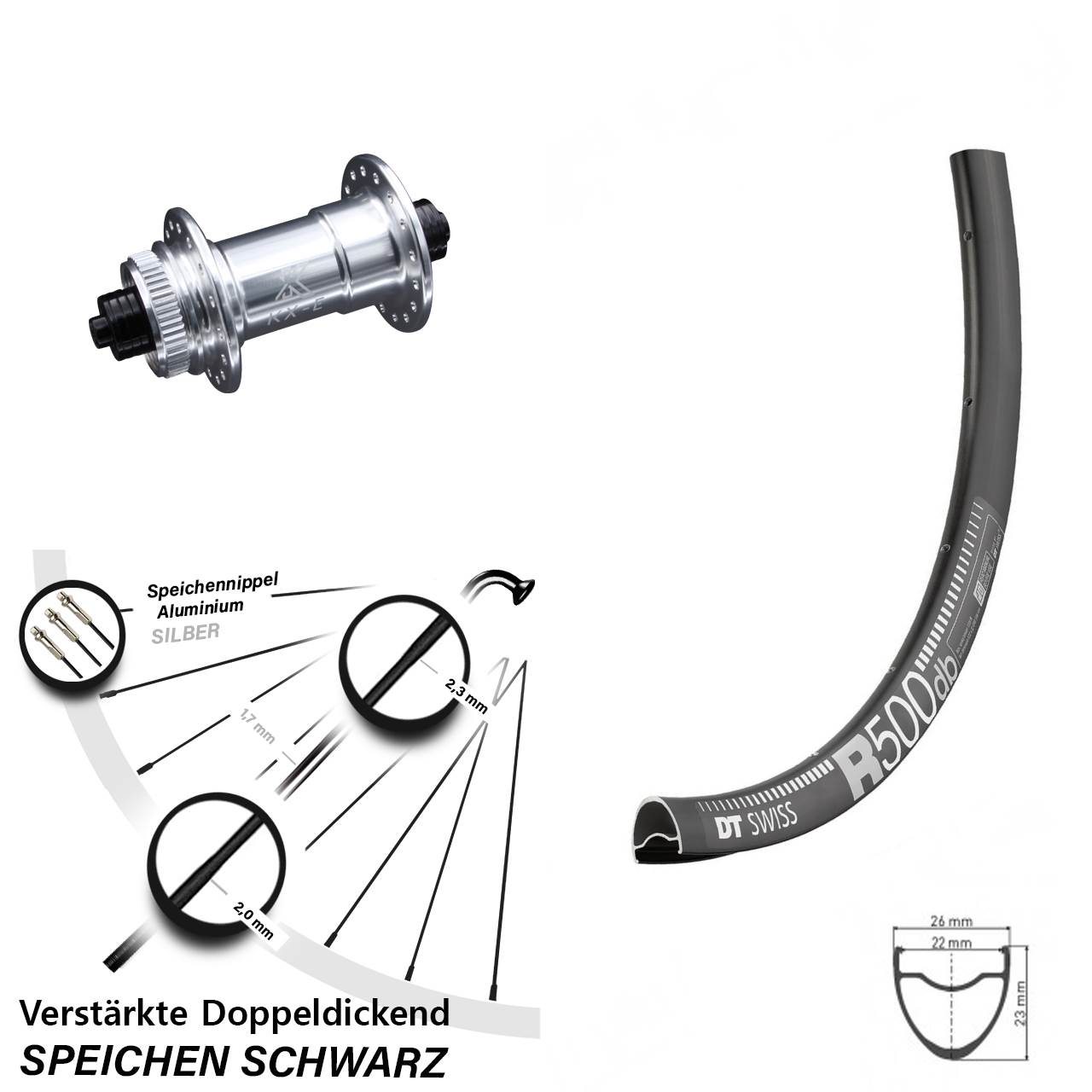 Disc DT Swiss R 500 Vorderrad 28 Zoll verstärkt KX-E silbern-eloxiert 5x100 mm Centerlock