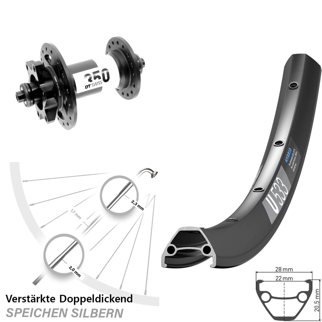 6-Loch Vorderrad QR 28 Zoll DT Swiss U533-350