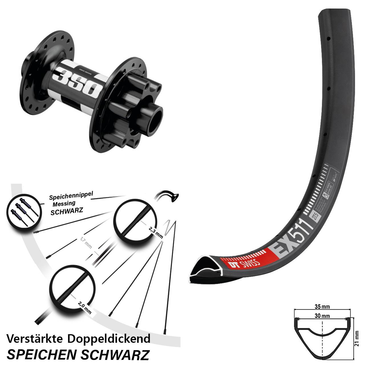 29 Zoll DT Swiss EX511-350 6-Loch Vorderrad 15x110 Boost