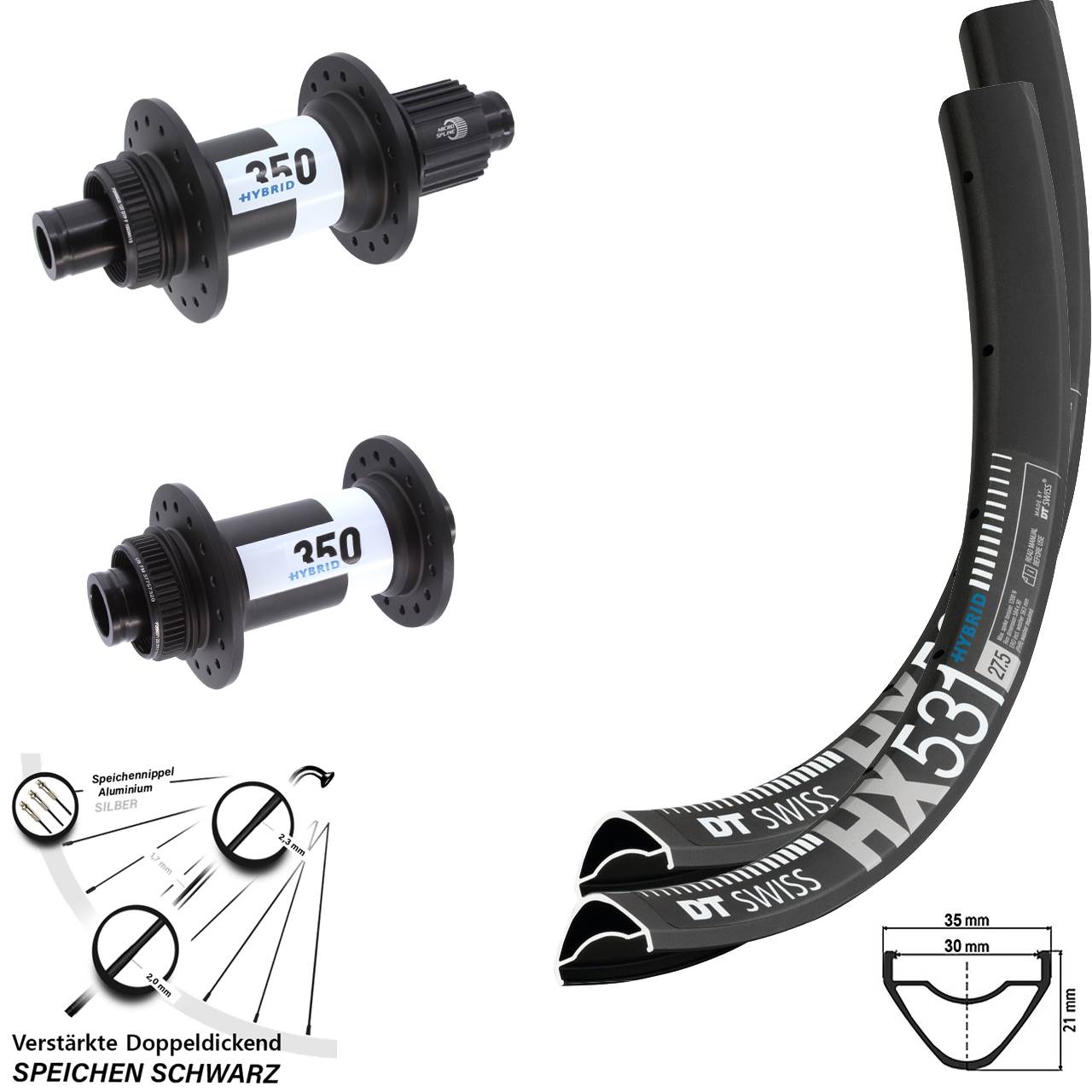 DT Swiss HX 531-Hybrid 350 27,5 Zoll Laufradsatz 15x110 12x148 Shimano Micro Spline