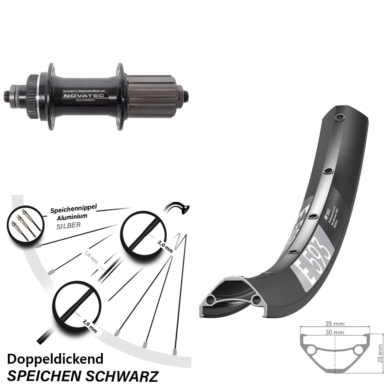 27,5 Zoll DT Swiss E593 Novatec D472 Disc Laufrad QR 8-12 fach HG