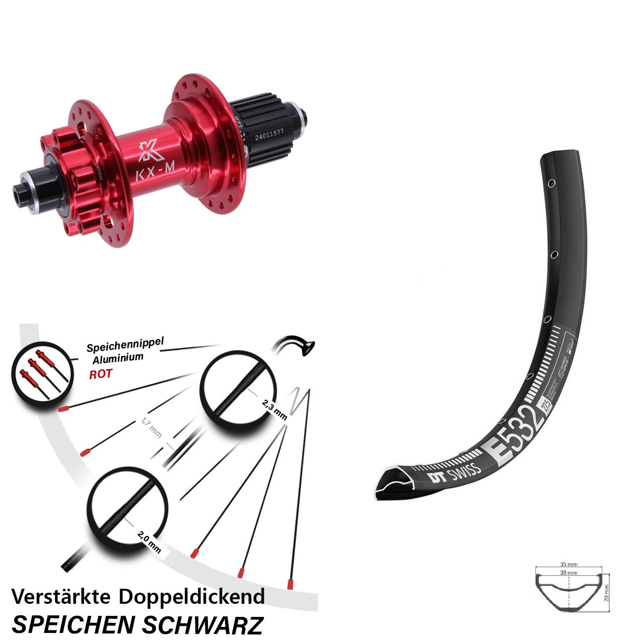 29 Zoll DT Swiss E 532 KX-M rot Hinterrad 6-Loch QR Micro Spline