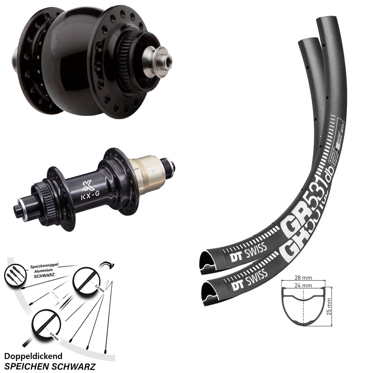 Laufradsatz Gravel DT Swiss GR 531 mit Nabe KX-G Sram XD-R Dynamo Son 28 Disc