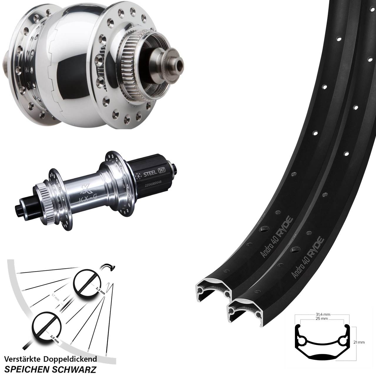 Disc Laufradsatz 26 Zoll Ryde Andra 40 KX-GS verstärkt SON 28 poliert 8-12 fach HG QR