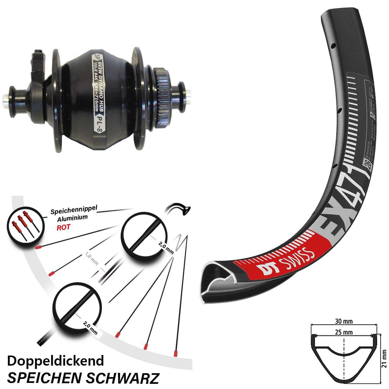 Disc Nabendynamovorderrad 26 Zoll DT Swiss EX471 Shutter Precision PL-8 für Schnellspanner