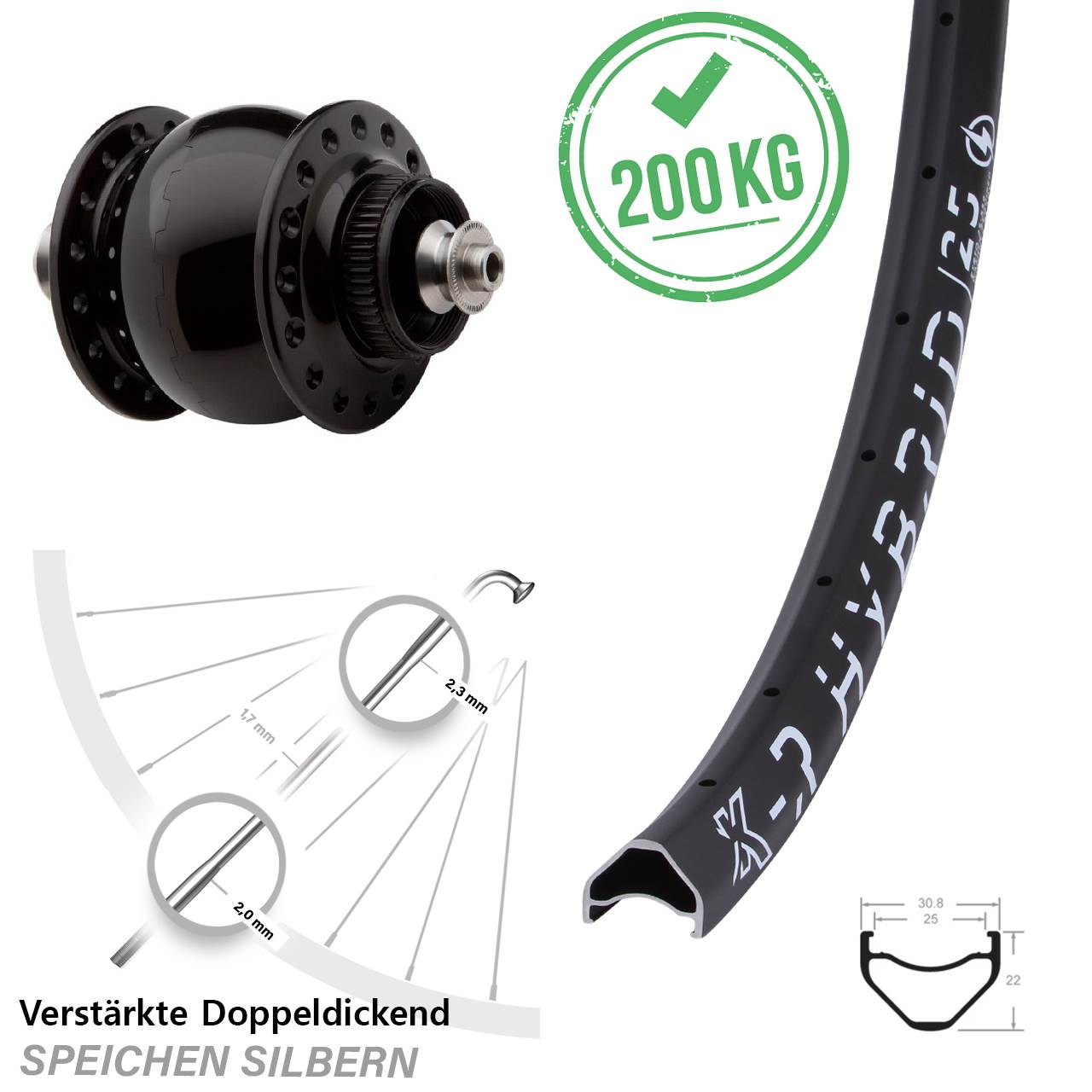 Nabendynamovorderrad Centerlock für Schnellspanner 27,5 Zoll KX-R Hybrid 25 SON 28