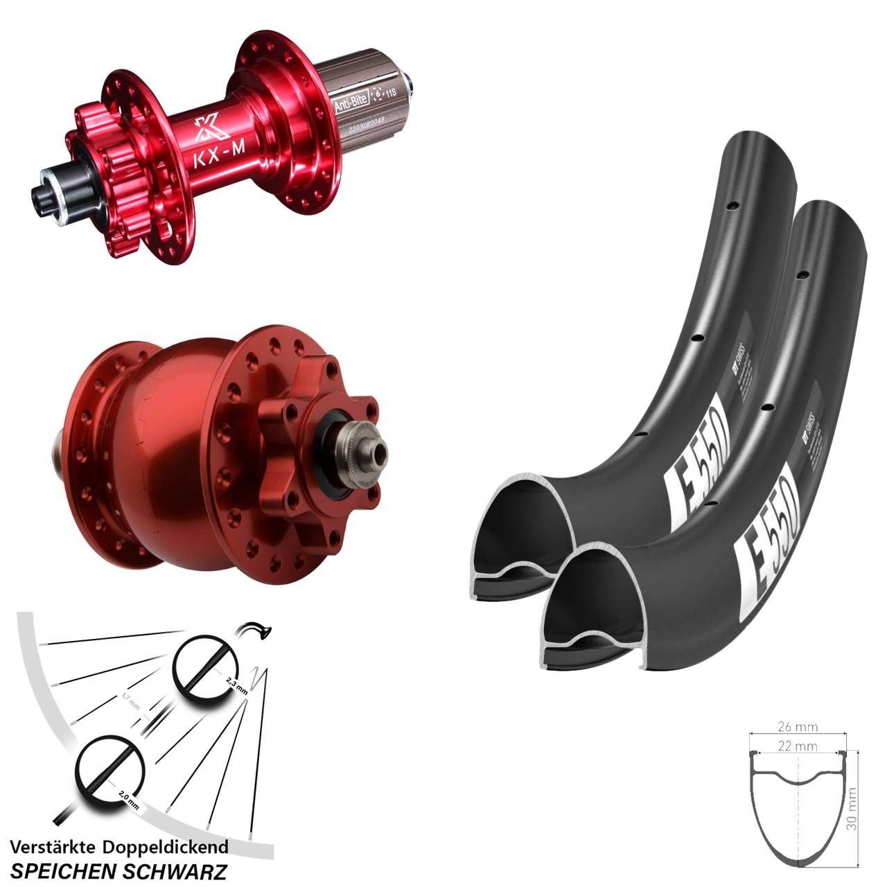 SON 28 Zoll DT Swiss E550 KX-M rot Disc 6-Loch Laufradsatz für Schnellspanner 8-12 fach HG