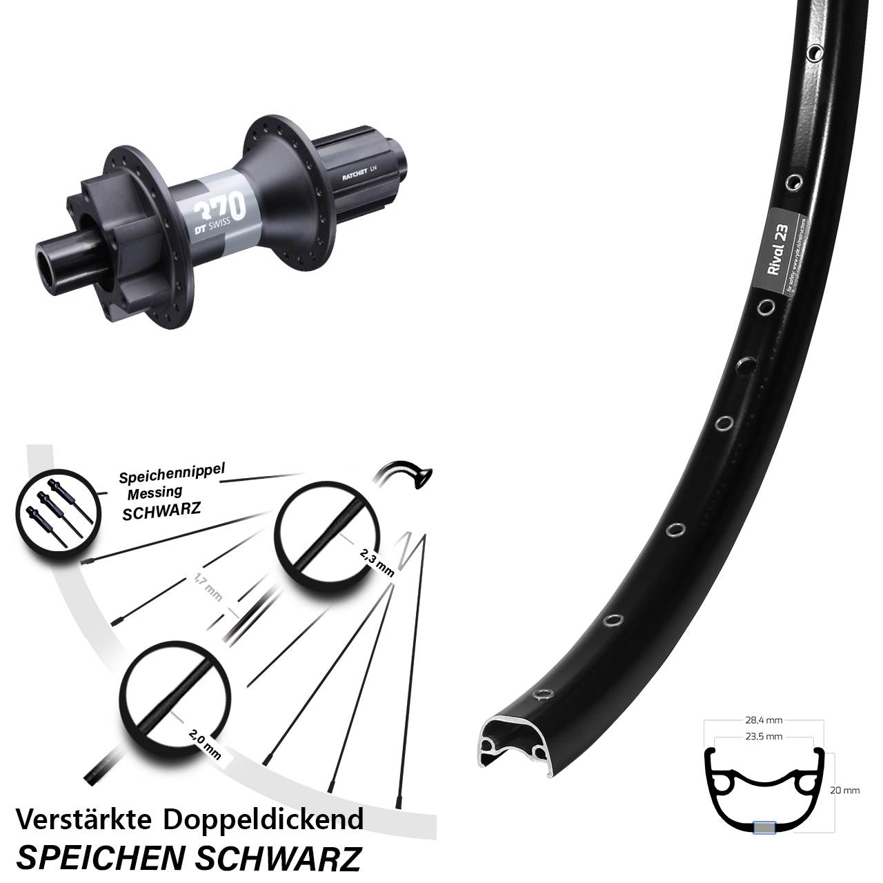 Ryde Rival 23 DT Swiss 370 27,5 Zoll 6-Loch Hinterrad 12x148 Boost 8-11 fach HG